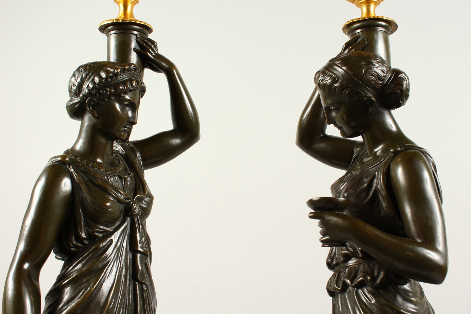 A VERY GOOD PAIR OF BRONZE, ORMOLU AND MARBLE CANDELABRA, modelled as a pair of classical femal - Image 7 of 20