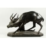 ANTOINE-LOUIS BARYE (1795-1875), A GOOD LARGE BRONZE GROUP OF A WILD CAT TAKING DOWN A STAG, on a