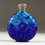 A VICTORIAN BLUE GLASS CAMEO PILGRIM BOTTLE SHAPED VINAIGRETTTE with a silver top. 11cms high x 9cms