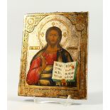 A 19TH CENTURY ICON on olive wood. 8.5ins x 7ins.