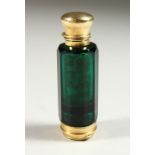 A VICTORIAN GREEN GLASS FACET CUT DOUBLE ENDED SCENT BOTTLE AND VINAIGRETTE. 8cms long.