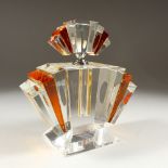 A LARGE ART DECO DESIGN AMBER AND CRYSTAL SCENT BOTTLE AND STOPPER. 23cms high x 19cms wide.