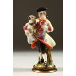 A GOOD 19TH CENTURY CONTINENTAL FIGURAL PORCELAIN SCENT BOTTLE, modelled as a young man holding a