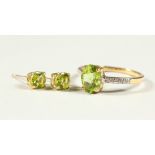 A 9CT GOLD, PERIDOT AND DIAMOND RING AND A PAIR OF STUDS, boxed.