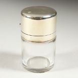 A VICTORIAN PLAIN GLASS SCENT BOTTLE AND STOPPER with plain silver top. Chester 1898. 8cms high x