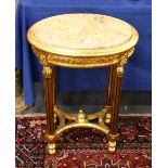 A PAIR OF GILT WOOD MARBLE TOPPED TABLES. 1ft 7ins wide.