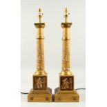 A PAIR OF TOLEWARE COLUMN LAMPS. 1ft 11ins high.