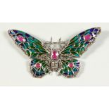 A SILVER RUBY SET PLIQUE ENAMEL BUTTERFLY BROOCH.