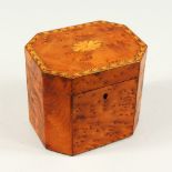 A GEORGE III YEW WOOD TEA CADDY, with fan and herringbone inlay. 11cms high.