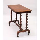 A VICTORIAN MAHOGANY STRETCHER TABLE, with barley twist supports united by a turned stretcher. 91cms