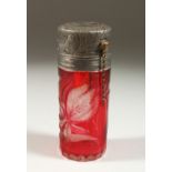A FRENCH, CIRCA 1920, RUBY CAMEO GLASS ATOMISER FOR PERFUME, with engraved plated top. 13cms high