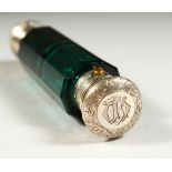 A GOOD VICTORIAN GREEN GLASS DOUBLE ENDED SCENT BOTTLE with engraved silver tops. Initialled. 13.