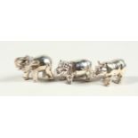 THREE NOVELTY SILVER ANIMALS, HIPPO, RHINO AND ELEPHANT.