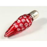 A VICTORIAN RUBY TINTED TAPERING GLASS SCENT BOTTLE with plain screw off silver top. Birmingham