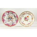 A SAMPSON OF PARIS FAMILLE ROSE ARMORIAL PLATE, 9ins and a DRESDEN FLOWER PLATE, 8.5ins (2).