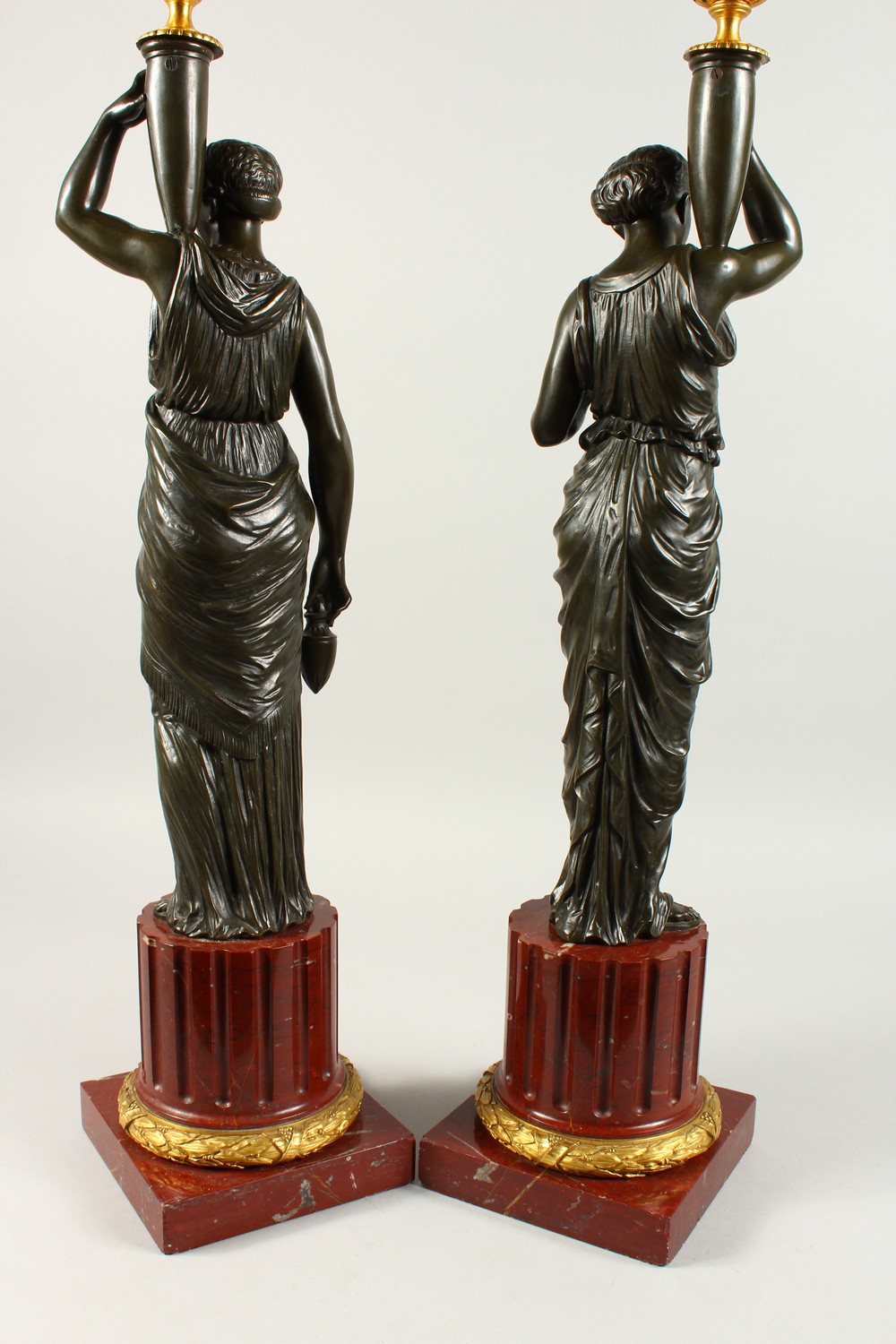 A VERY GOOD PAIR OF BRONZE, ORMOLU AND MARBLE CANDELABRA, modelled as a pair of classical femal - Image 9 of 20