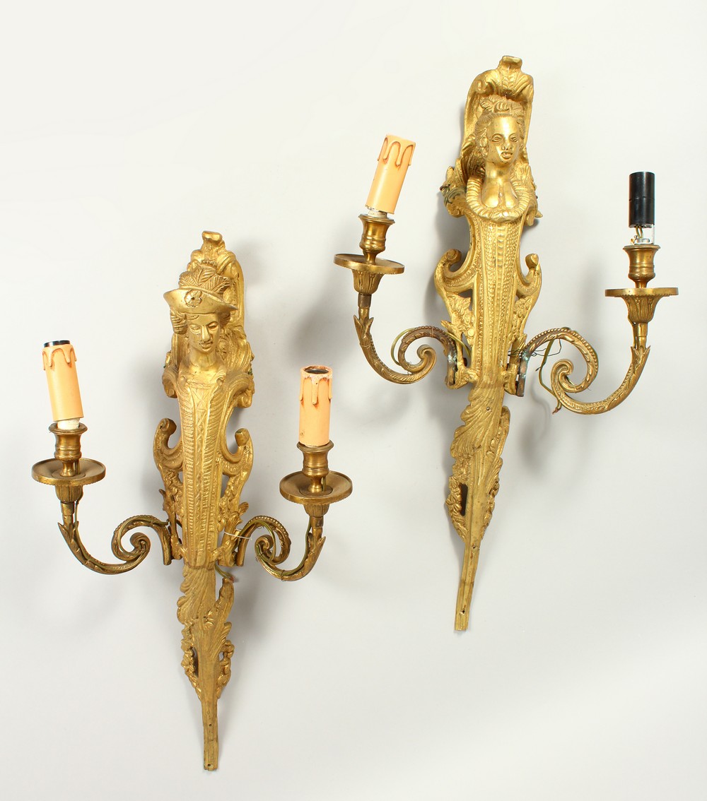 A GOOD PAIR OF LOUIS XVITH DESIGN ORMOLU TWO BRANCH WALL LIGHTS with female caryatid figures and