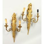 A GOOD PAIR OF LOUIS XVITH DESIGN ORMOLU TWO BRANCH WALL LIGHTS with female caryatid figures and