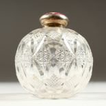 A VICTORIAN CUT GLASS GLOBULAR SCENT BOTTLE AND STOPPER, the lid enamelled with a pansy. London