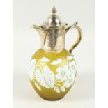 A VERY GOOD WEBB'S YELLOW CAMEO GLASS JUG with plated mount, lid and handle, the body decorated with