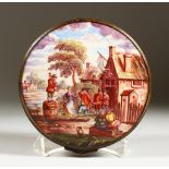 A 19TH CENTURY CONTINENTAL ENAMEL CIRCULAR BOX, the hinged cover painted with merry making figures