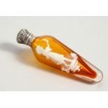 A VICTORIAN CITRINE GLASS MARY GREGORY SCENT BOTTLE with silver top. 10cms long.