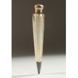 AN EDWARDIAN SLENDER TAPERING CUT GLASS SCENT BOTTLE with silver screw off top. Initialled W. M.