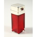 A VICTORIAN PLAIN RUBY GLASS SQUARE SHAPED SCENT BOTTLE AND STOPPER with plain silver top.