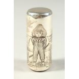 A GOOD VICTORIAN ENGRAVED SILVER DAUM SHAPED SCENT BOTTLE AND STOPPER engraved with a boy, church,