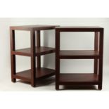 DOMINIC CHAMBON, A GOOD PAIR OF LEATHER COVERED THREE TIER OCCASIONAL TABLES. 48cms wide x 34cms