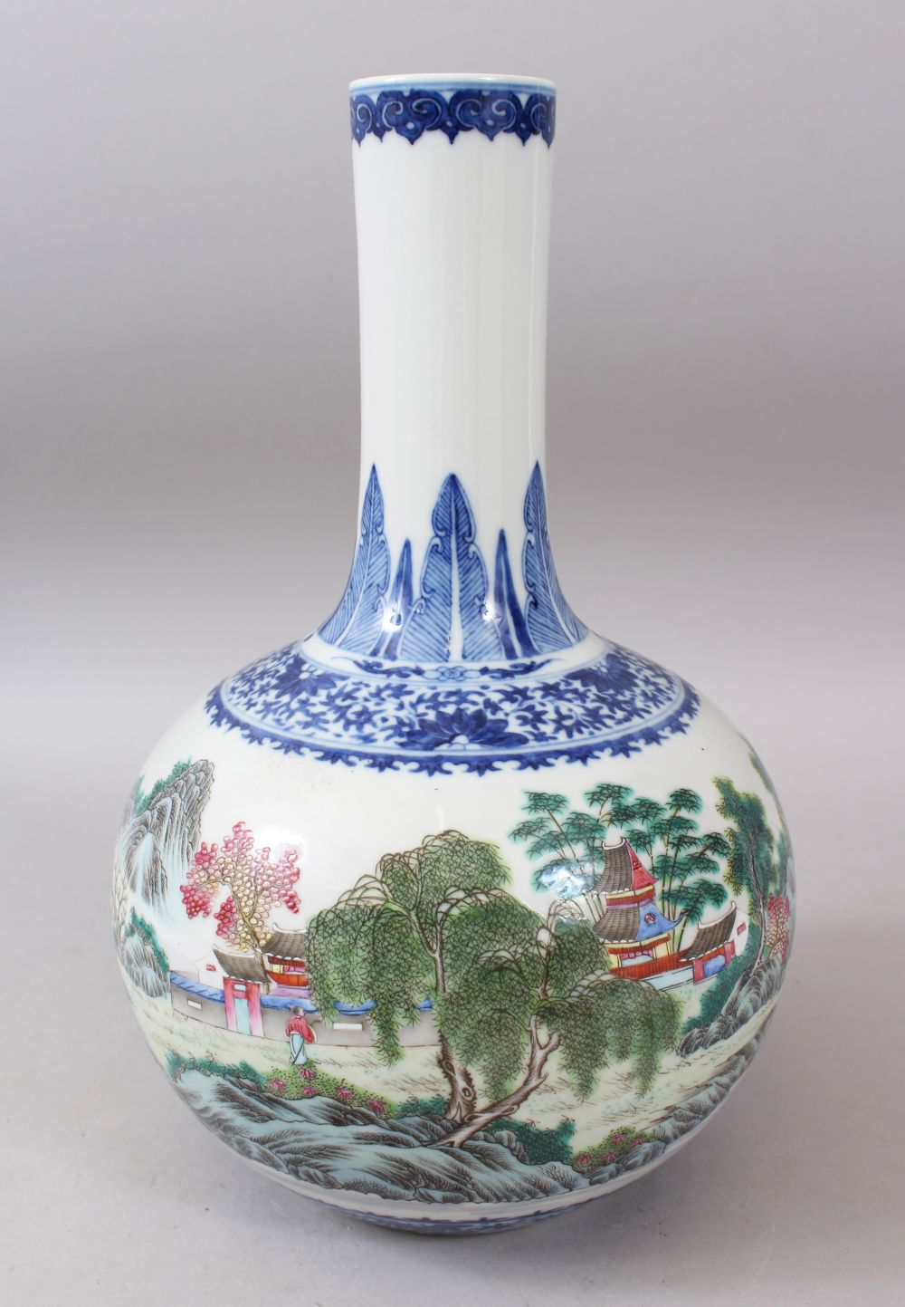 A LARGE 19TH-20TH CENTURY CHINESE BOTTLE VASE painted with a continuous scene of a lake view,