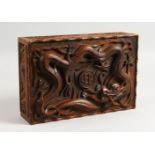 A WOODEN BOX carved with a dragon. 12ins wide.