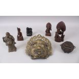 A MIXED LOT OF ORIENTAL / TRIBAL ITEMS, including a bronze mask, a bronze censer and cover, wooden