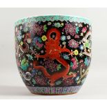 A GOOD CHINESE FAMILLE NOIRE JARDINIERE decorated with dragons and flowers. 11ins diameter.