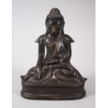 A 19TH CENTURY BURMESE BRONZE BUDDHA, seated in meditation position, 15cm high x 12cm wide.