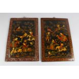 A PAIR OF 19TH CENTURY QAJAR HAND PAINTED BOOK COVERS, deer hunting, 26cm x 19cm.