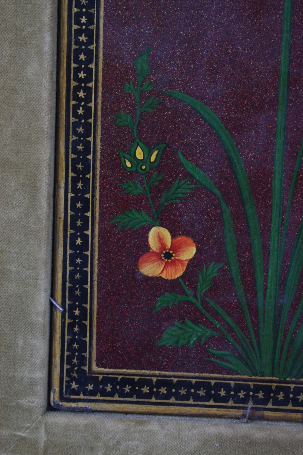 A 19TH CENTURY QAJAR LACQUER PAPIER MACHE PANEL of flowers, 28cm x 18cm in a velvet frame. - Image 3 of 7