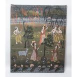 A 19TH-20TH CENTURY INDIAN PAINTING ON TEXTILE depicting three ladies and three gents in a garden
