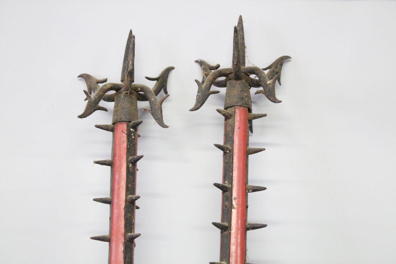 A GOOD PAIR OF ORIENTAL POLE ARMS, the tops with spikes and hooks, the collar formed from carved - Image 3 of 3