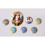 A COLLECTION OF SEVEN PERSIAN ENAMELLED METAL SMALL PLAQUES.