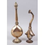 TWO 18TH-19TH CENTURY MUGHAL INDIAN BRASS ROSEWATER SPRINKLER, 32cm x 26cm high.