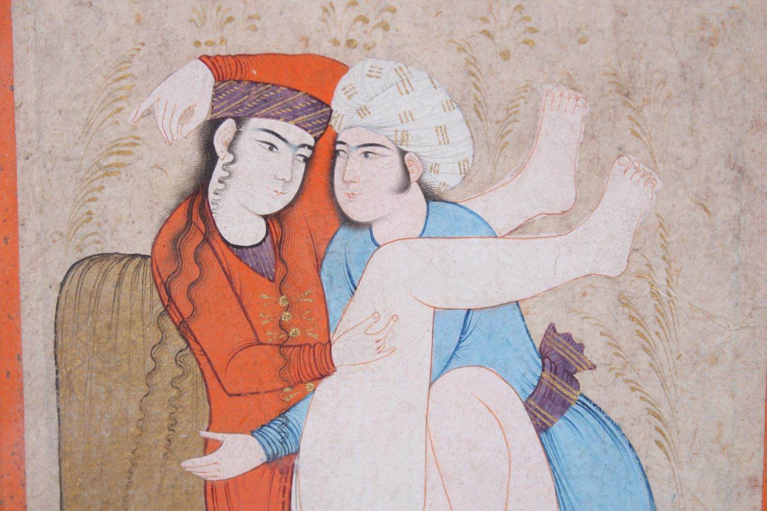 A 19TH CENTURY OR EARLIER PERSIAN EROTIC PICTURE, 16cm x 10cm, framed and glazed. - Image 3 of 3