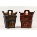 A GOOD PAIR OF 18TH / 19TH CENTURY CHINESE WOODEN LIDDED CANISTERS, decorated with gilt