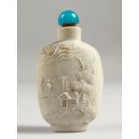 A LANDSCAPE DESIGN SNUFF BOTTLE with blue stopper.