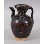 A GOOD CHINESE SONG STYLE POTTERY EWER, the black glaze with brown splash decoration, 15.5cm high