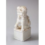 AN 18TH / 19TH CENTURY DEHUA / BLANC DE CHINE WATER DROPPER OF A LION DOG, seated upon a box