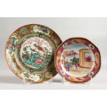 A CANTON CIRCULAR PLATE with birds and flowers, 8ins diameter and A FAMILLE ROSE PLATE, 6ins