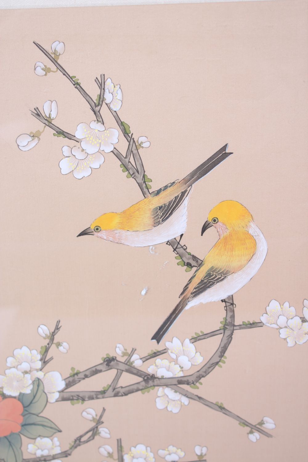 A GOOD 19TH / 20TH CENTURY CHINESE PAINTING ON TEXTILE OF BIRDS, the birds sat in trees, the upper - Image 3 of 6