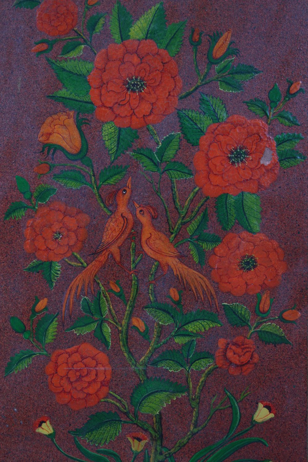 A 19TH CENTURY QAJAR LACQUER PAPIER MACHE PANEL of flowers, 28cm x 18cm in a velvet frame. - Image 5 of 7