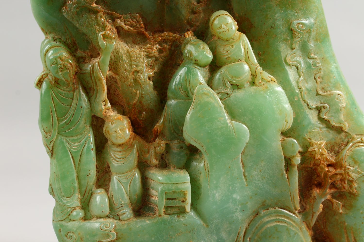 A CARVED GREEN STONE GROUP with four figures. 8.5ins high. - Image 3 of 8